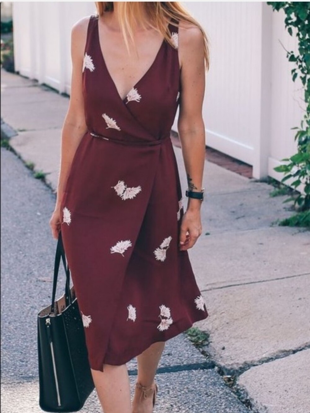 Ann Taylor Burgundy Midi Wrap Dress with White Floral Print